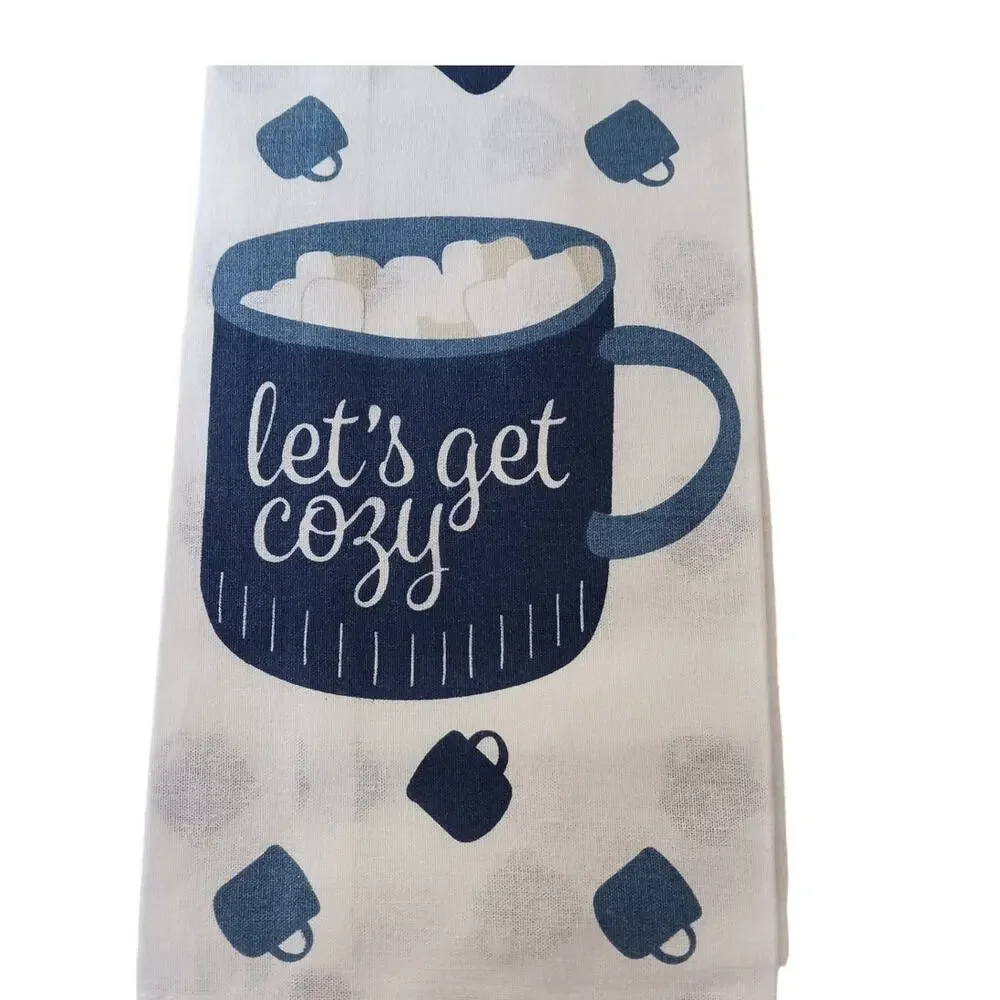 Handmade Lets Get Cozy Kitchen Hand Towel Blue White Winter Christmas Holidays